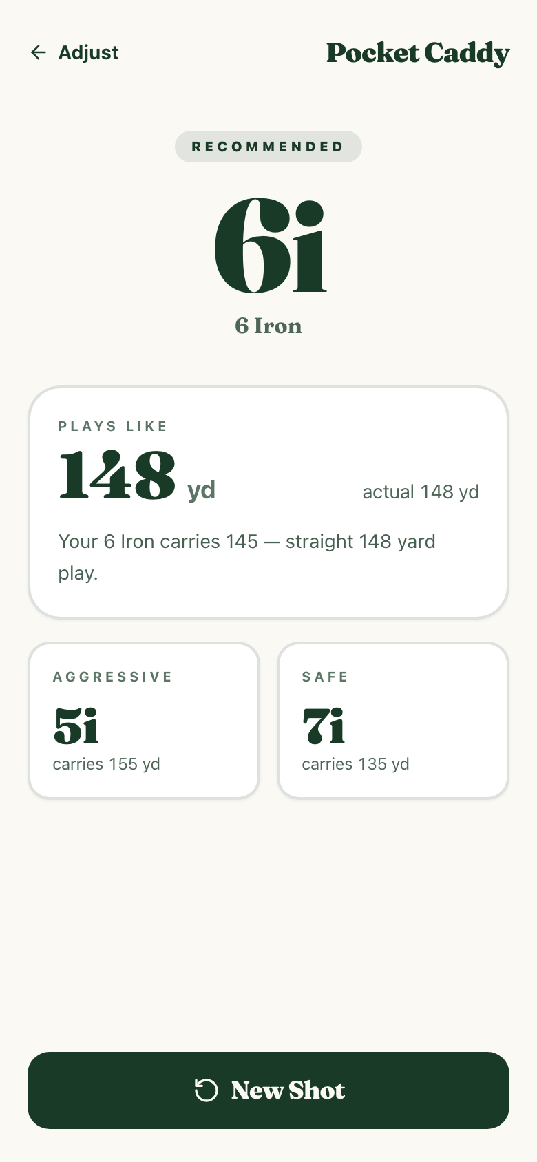 Pocket Caddy recommendation screenshot showing 6 iron, 5 iron, and 7 iron options